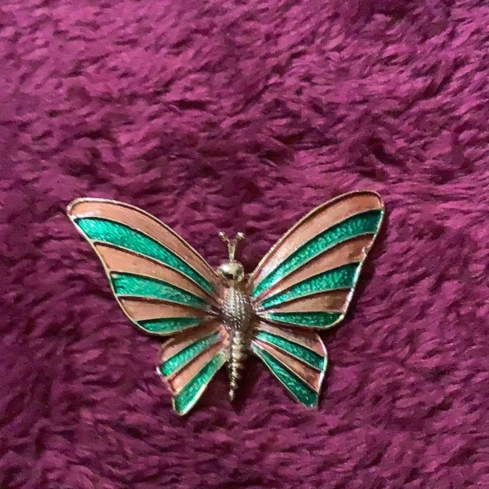 Vintage butterfly brooch turquoise and pink blush